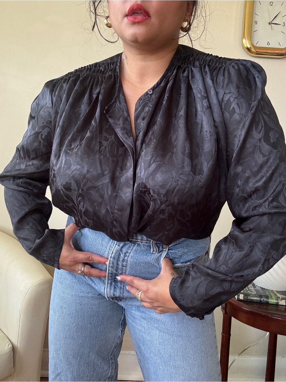 Women's Black Satin Jacquard Long-Sleeve Blouse